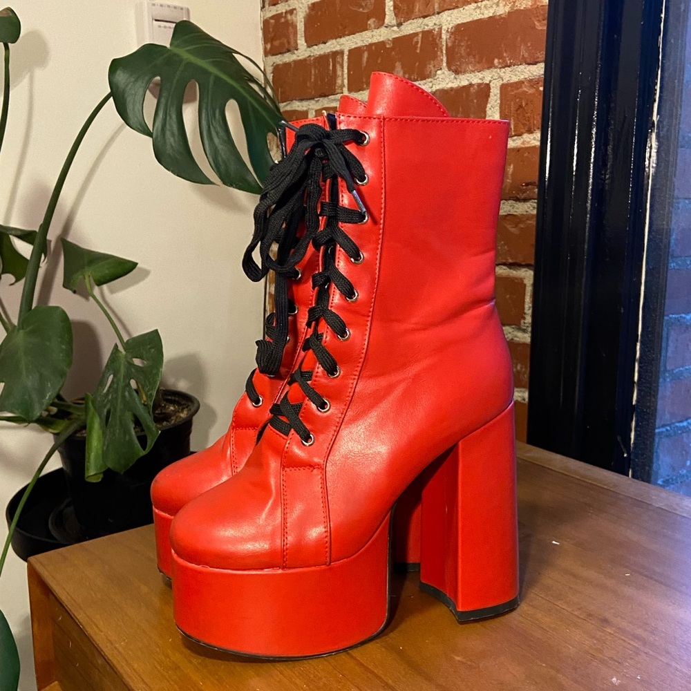 Red Platform Lace-Up Boots
